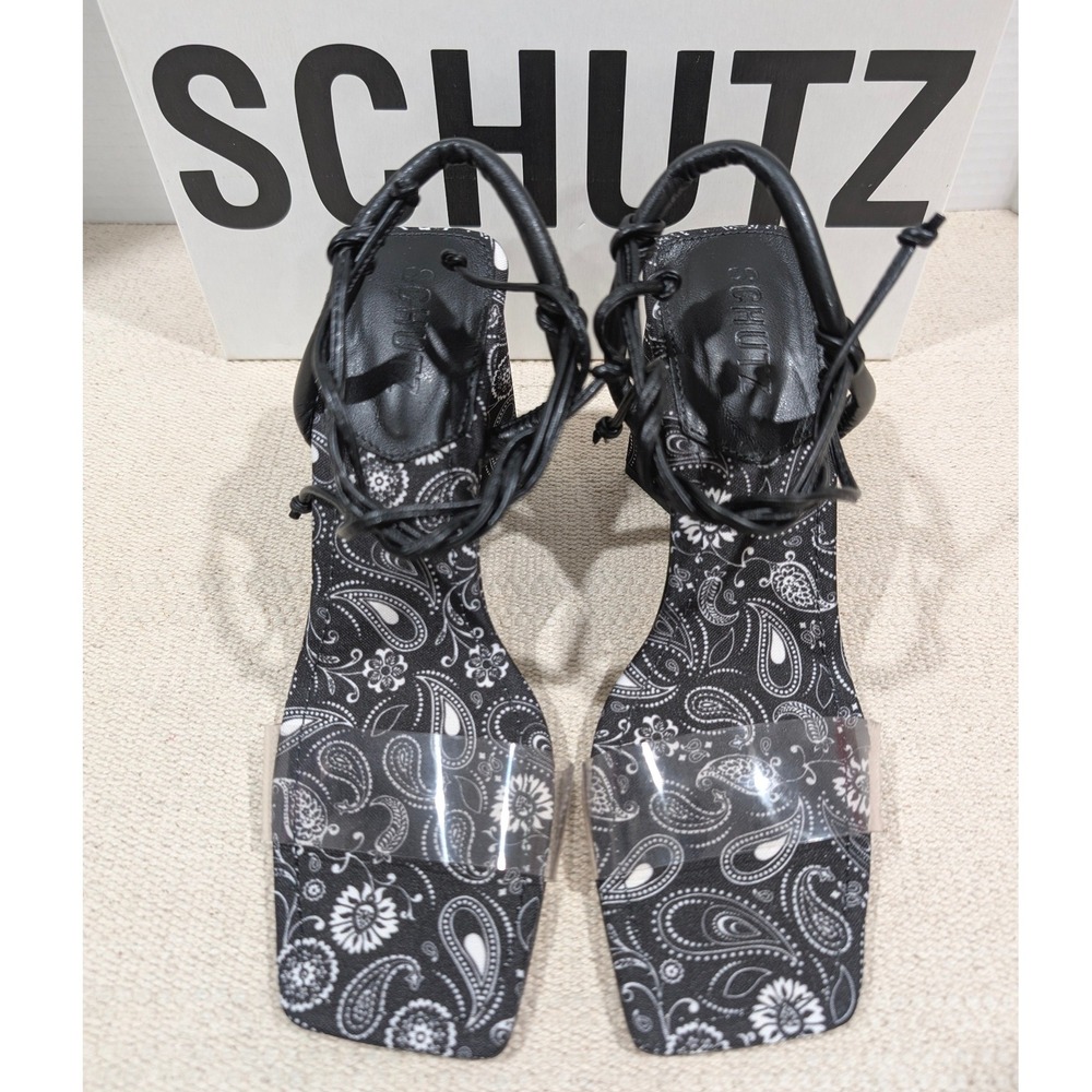 Schutz Black White Paisley Fabric Clear Strap Ankle Tie Block Heel Sandals 7.5B - Picture 8 of 11